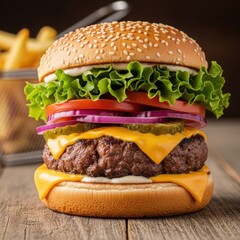 Juicy double cheeseburger with fresh lettuce and ripe tomatoes on a sesame seed bun
