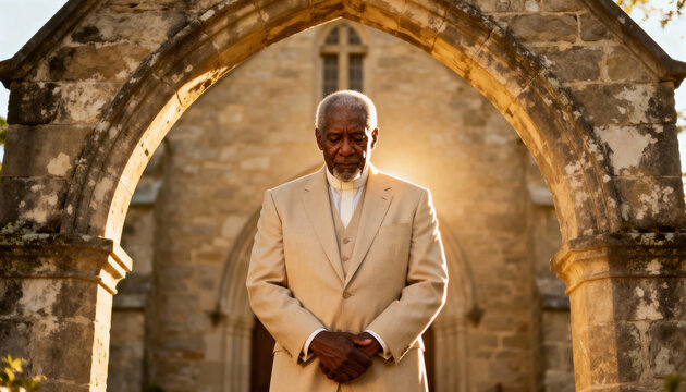 Portrait of an elderly African American clergyman in prayer. A devout man of faith stands before a church during golden hour.