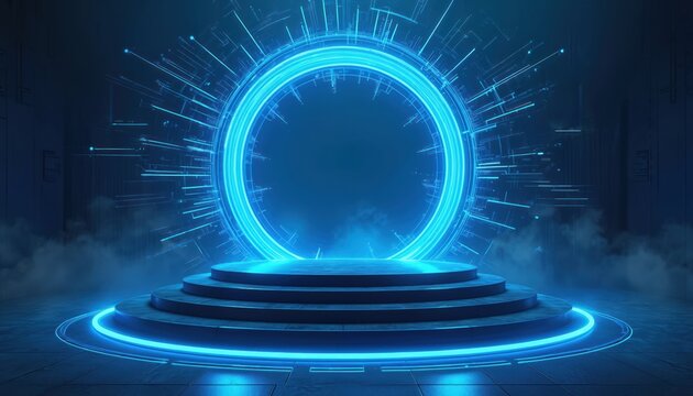 Glowing blue neon portal on stage with circular podium. Futuristic light effect suggests teleportation, innovation, or virtual reality. Abstract digital background for tech concepts. - Powered by Adobe