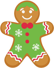 Smiling Gingerbread Man Cookie with Green Icing and Snowflakes