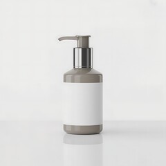 Obraz premium Gray plastic pump bottle with blank white label and silver accents on reflective surface dispenser liquid