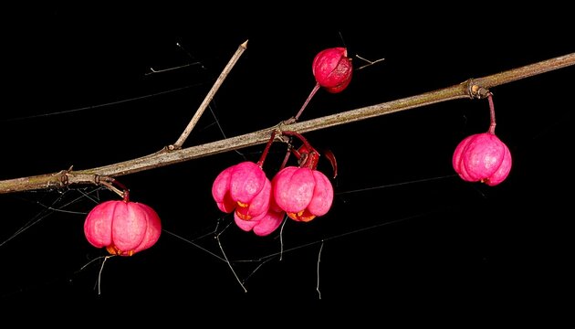 European Spindle Tree Branch with Pink Fruits Against Black Background.
