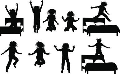 Children, jumping, bed, silhouette, play, motion, fun, black, white, illustration, energy, airborne, posture, dynamic, childhood, activity, movement, playful, figure, energetic