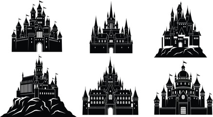 Obraz premium Castle silhouette vector set, black fantasy architecture icons, medieval towers, spire design, rocky base illustration, fairytale fortress shapes