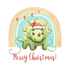 Baby Triceratops dinosaur against rainbow has garland Adorable funny Christmas holidays character