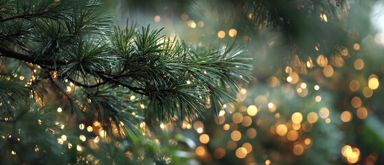 Warm festive pine branch glows with twinkling fairy lights creating a magical bokeh effect for holiday celebrations and cozy winter scenes