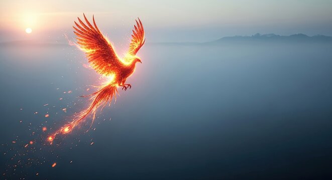 Majestic Fiery Phoenix Ascends Towards a Serene Sunrise Sky