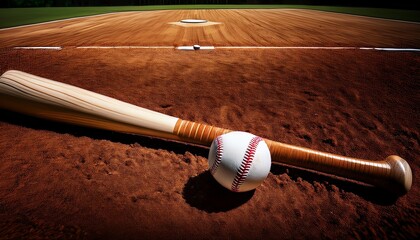 a classic wooden baseball bat rests diagonally alongside a pristine white baseball on a textured infield dirt background perfect for sports themed designs