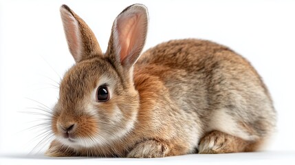 Fototapeta premium Soft brown rabbit resting on a white background during daylight hours