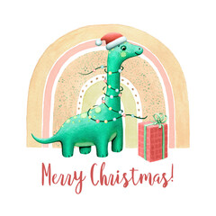 Baby Brachiosaurus dinosaur against rainbow Garland and present Funny Christmas holidays character