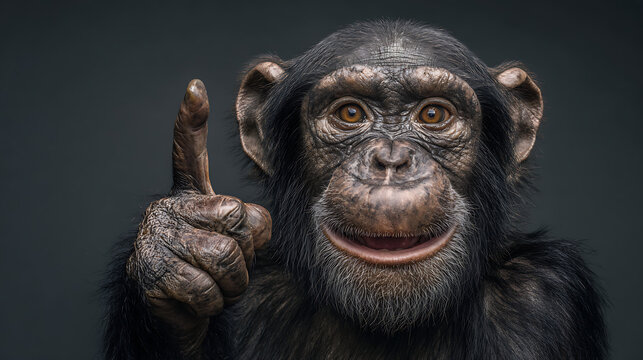 A chimpanzee with raised finger and expressive eyes primate animal
