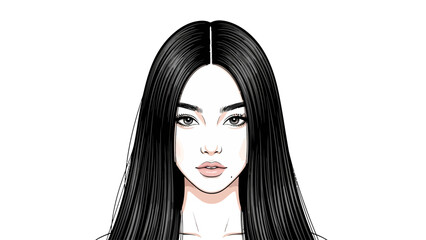 Blackhaired persons face with detailed features and split hair