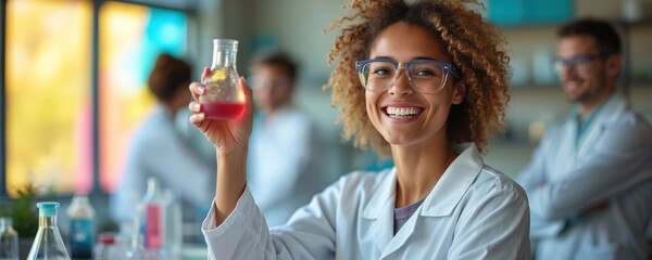 Smiling woman with glasses and lab coat holds red liquid. Female scientist happy with science experiment in lab. Healthcare professional looks forward to innovation progress, research work.