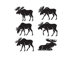 moose silhouette, moose vector, moose collection, moose set, moose head vector, standing moose, walking moose, majestic moose, antler silhouette, moose emblem, moose icon set
