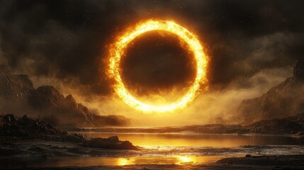 Fiery ring portal over a misty landscape