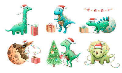 Set of cute funny watercolor baby dinosaurs characters garland present Christmas holyday decoration