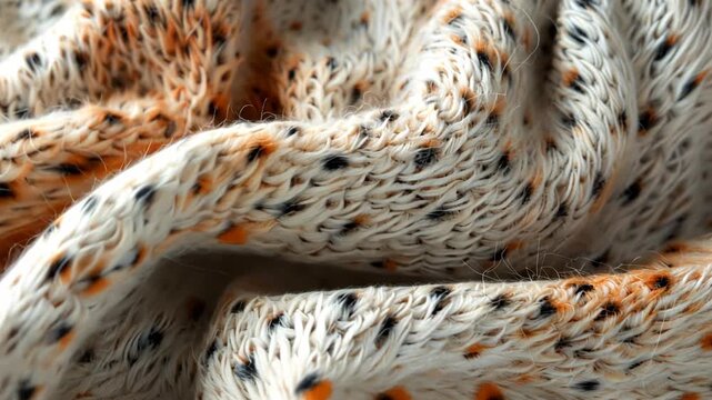 Selective focus. Close-up of a warm knitted sweater showing detailed texture. Cozy wool sweater fabric with visible knitting pattern and soft fibers