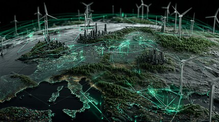 Green energy and sustainability concept in Europe. Wind turbines and smart cities connected by a glowing smart grid. Futuristic 3D globe and technology background.