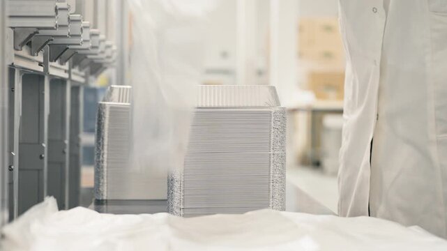 Close up worker in white coat and gloves packaging stack of aluminum containers into large plastic bag. Industrial process in manufacturing facility. Clean organized production area indoors.