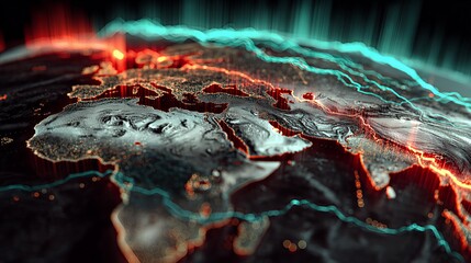 Abstract 3D Earth concept focusing on Europe and Africa. Red and teal glowing lines representing data, geopolitical hotspots, or network. Futuristic technology illustration background.