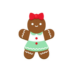 Gingerbread girl with red bow and green dress on white background