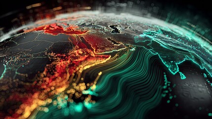 Abstract 3D Earth globe showing data visualization or climate patterns. Red and teal glowing lines representing energy flow, network communication, or weather currents. Futuristic technology illustrat