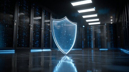 Digital shield protecting server room data, symbolizing cybersecurity and network integrity in a modern data center environment