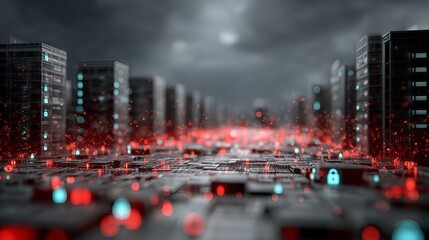 Cybersecurity attack concept with 3D server city on a circuit board. Red glowing lights indicate data breach or virus, with blue padlock icons. Futuristic technology background for system warning 