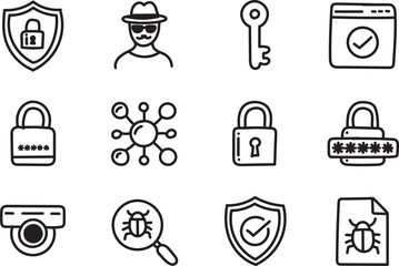 Hand Drawn Minimal Cybersecurity Line Icons Set for Digital Protection and Data Safety