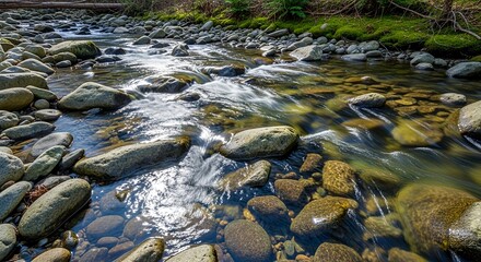 Clear Water Flowing Through Rocky Riverbed in Nature.