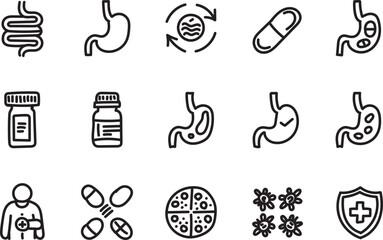 Hand Drawn Digestive Health Line Icons Set – Stomach Medicine Probiotic Treatment Outline Vector