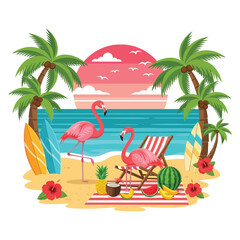Obraz premium Vibrant tropical beach scene with playful flamingos, surfboards, and exotic fruits under a breathtaking sunset sky