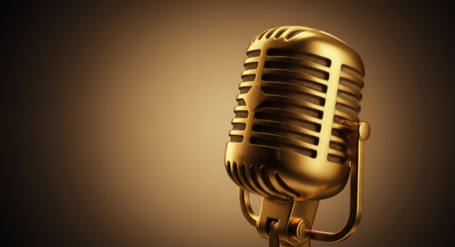 Golden vintage microphone ready for your vocal performance, music recording or podcasting session in a rich and vibrant setting