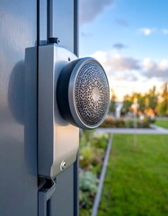 Close-up of a modern outdoor light fixture on a gate.