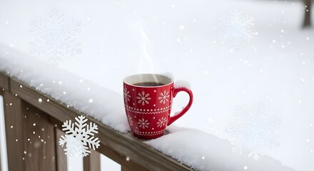 Red mug with hot drink on snowy railing during winter snowfall season