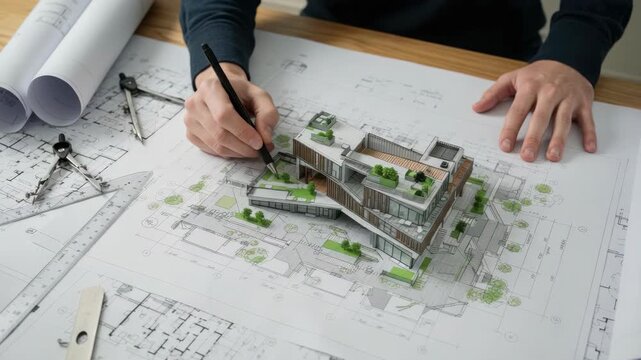 Architect drawing building plans with model on desk