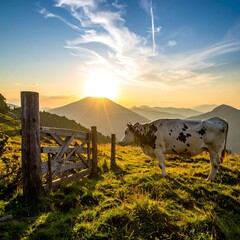 Cow Grazing at Sunset in the Pyrenees Mountains.
