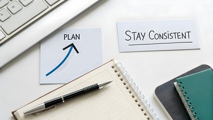 Clean workspace with a plan card and upward arrow showing growth