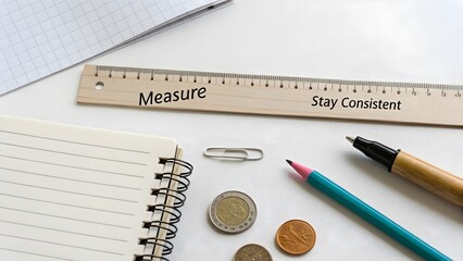 Wooden ruler labeled Measure on a clean workspace setting