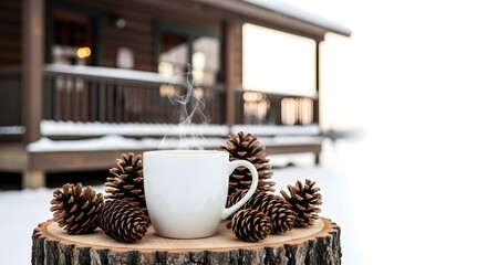 Hot coffee cup with pine cones on wooden log in winter cabin scene