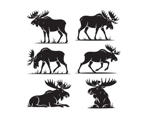Obraz premium moose silhouette, moose vector, moose collection, moose set, moose head vector, standing moose, walking moose, majestic moose, antler silhouette, moose emblem, moose icon set 
