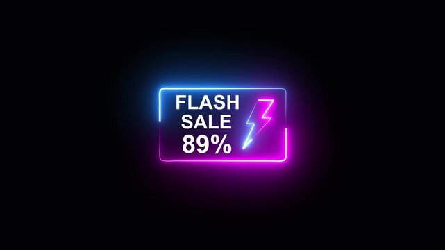 Glowing neon Flash Sale 89 percent discount promo animation isolated on black background