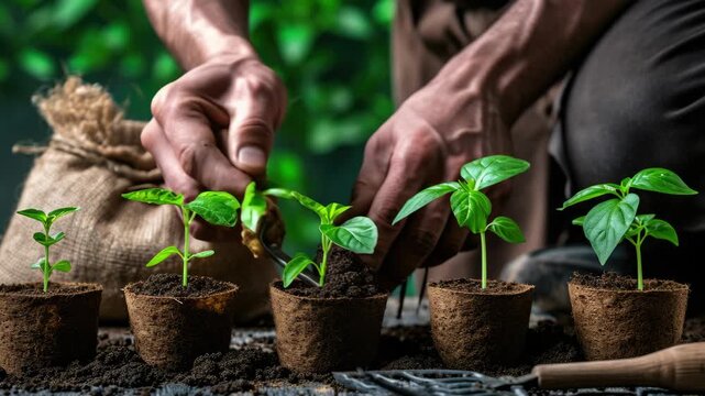 A man is planting seedlings in pots. The pots are lined up next to each other. The man is using a trowel to plant the seedlings