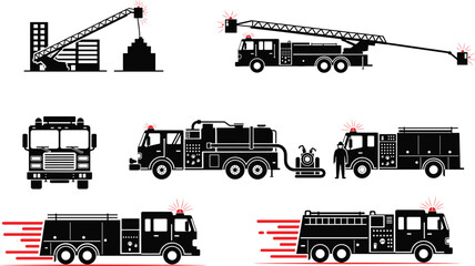 Fire truck illustration set, emergency vehicles, rescue ladder, firefighting icons, red siren trucks, vector clipart, rapid response graphics © Md Shahedul