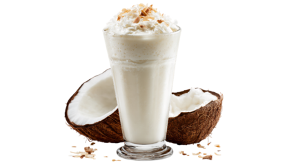 Indulgent coconut milkshake, a creamy blend of tropical flavors topped with whipped cream and toasted coconut flakes for a sweet treat