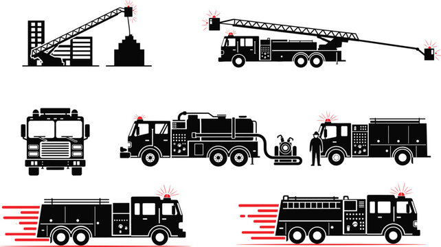 Fire truck illustration set, emergency vehicles, rescue ladder, firefighting icons, red siren trucks, vector clipart, rapid response graphics