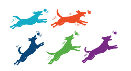 Colorful silhouettes of playful dogs jumping to catch a ball