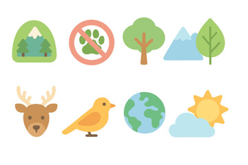Naklejka premium Nature and conservation flat icon set. Environment, wildlife, eco-friendly icon collection