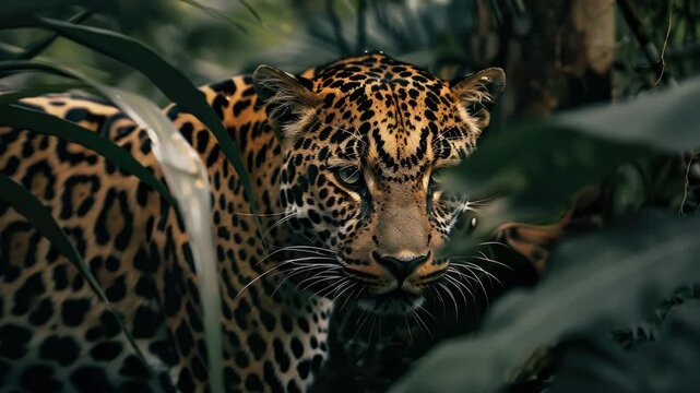 A leopard is in the jungle. It is looking at the camera. The leopard is brown and black