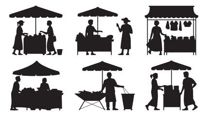 Set of farmers market silhouettes various vendors selling produce and goods vector illustration isolated on white background